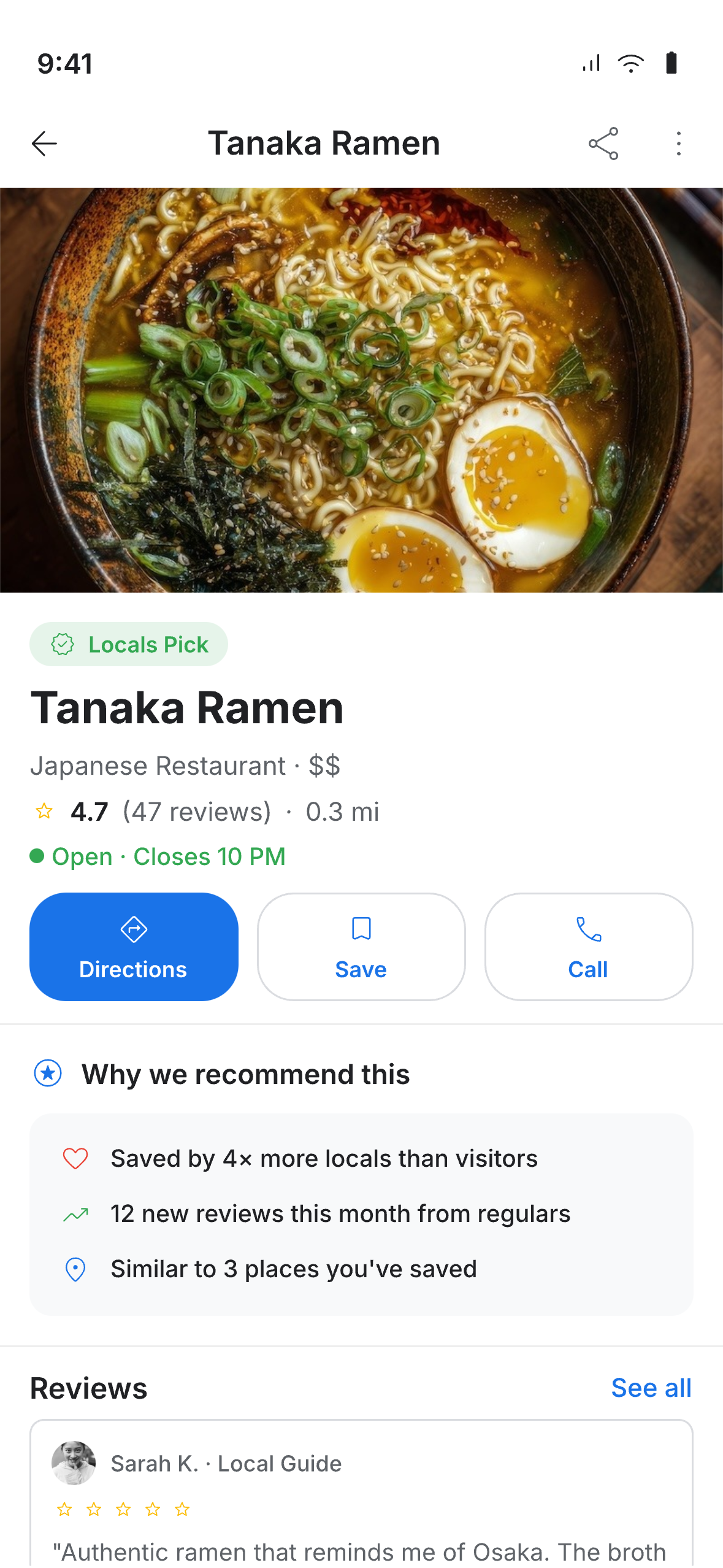 Place Card for Tanaka Ramen with context recommendations and reviews